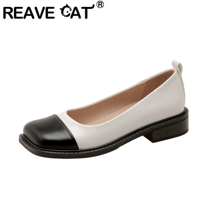 

REAVE CAT New Designer Women Pumps Low Heels Ladies Party Wedding Dress Square Toe Slip On Shoes Mixed Color Size 33-43 F1608