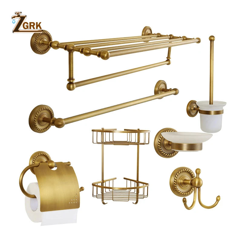 Antique Brass Wall Mounted Bathroom Accessories Set Bath Hardware Towel Bar 