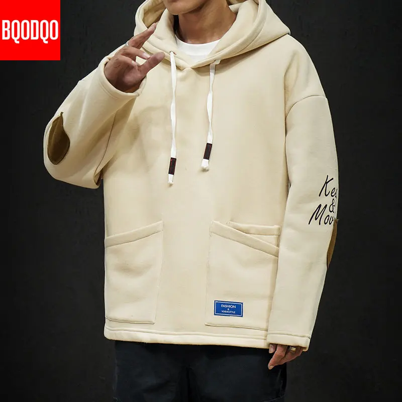 Kopen Hooded Fleece Sweatshirts Hoodies Winter Mannen Streetwear Zwart College Fashion Heren Hoodie Print Hip Hop Katoen Harajuku Trui