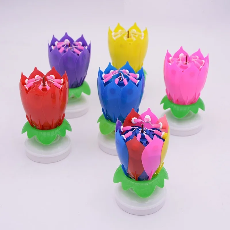 

5PCs Lotus Blooming Musical Candle Double Layer Flowering Rotating Birthday Led Candle Light Flameless Cake Party Decoration
