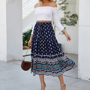

Bohemian Chic Hippie Women Beach Floral Print High Elastic Waist a Line Bohemian Long Skirt Female