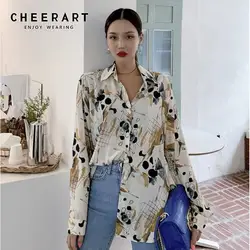 CHEERART Осенняя Цветочная блузка с длинным рукавом Свободные топы женские с принтом на пуговицах Рубашки повседневные топы модная одежда