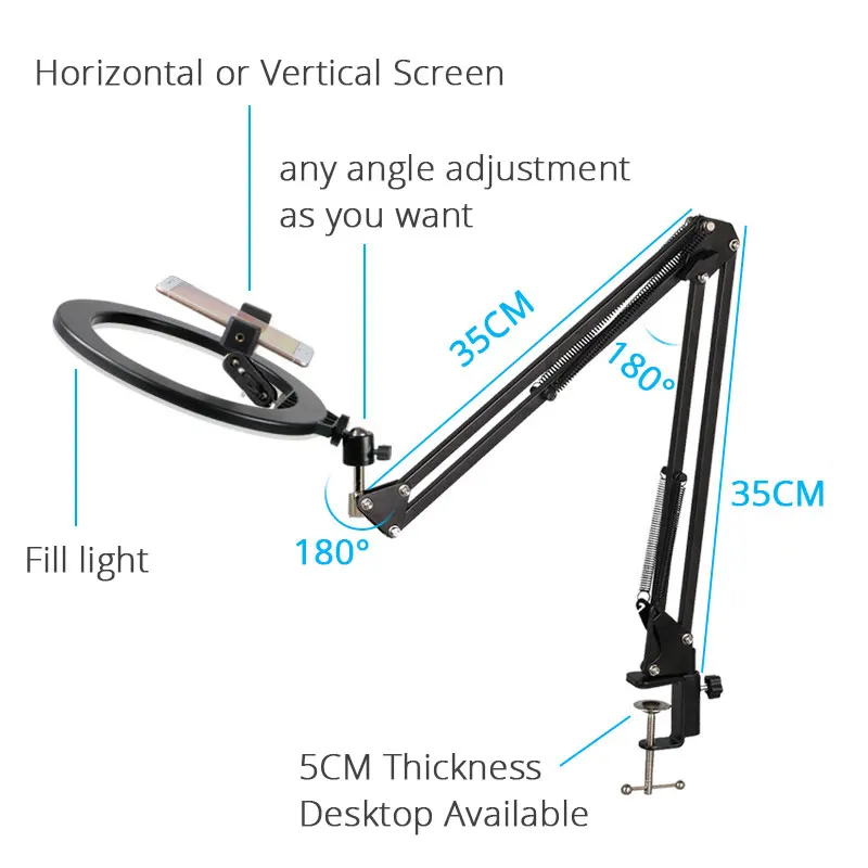Кольцевой светильник для селфи с регулируемой яркостью 26 см, с длинными ручками, настольная клипса, держатель для планшета, мобильного телефона, светодиодный студийный светильник для видео в реальном времени, фото для макияжа