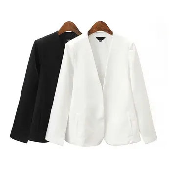 

women elegant black white V neck coat pockets office wear solid outerwear female casual chic open stitch tops