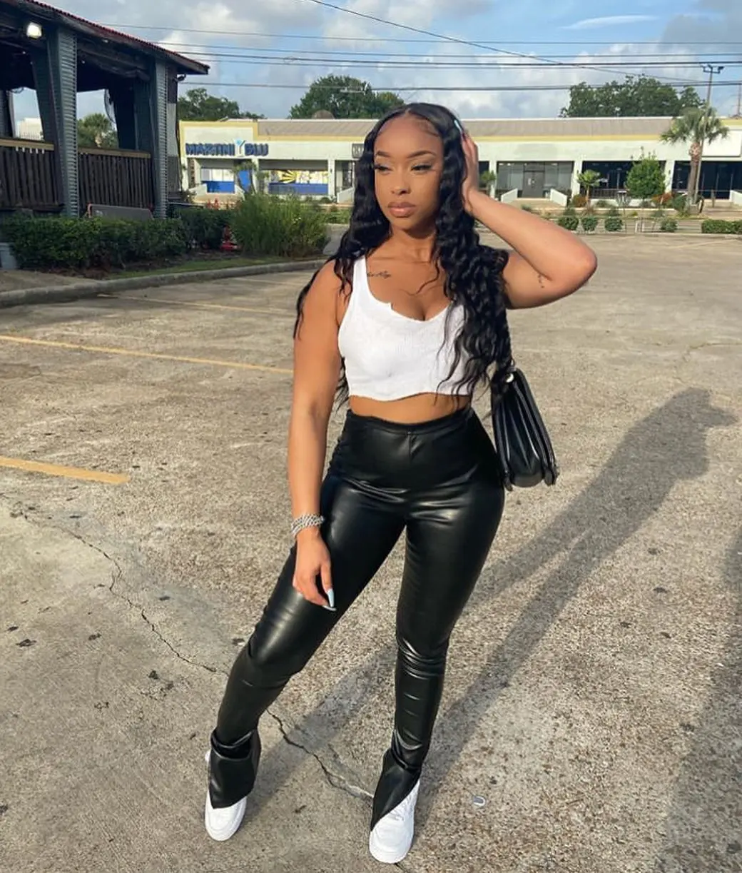 Sexy Leather Side Split Trumpet Pants 