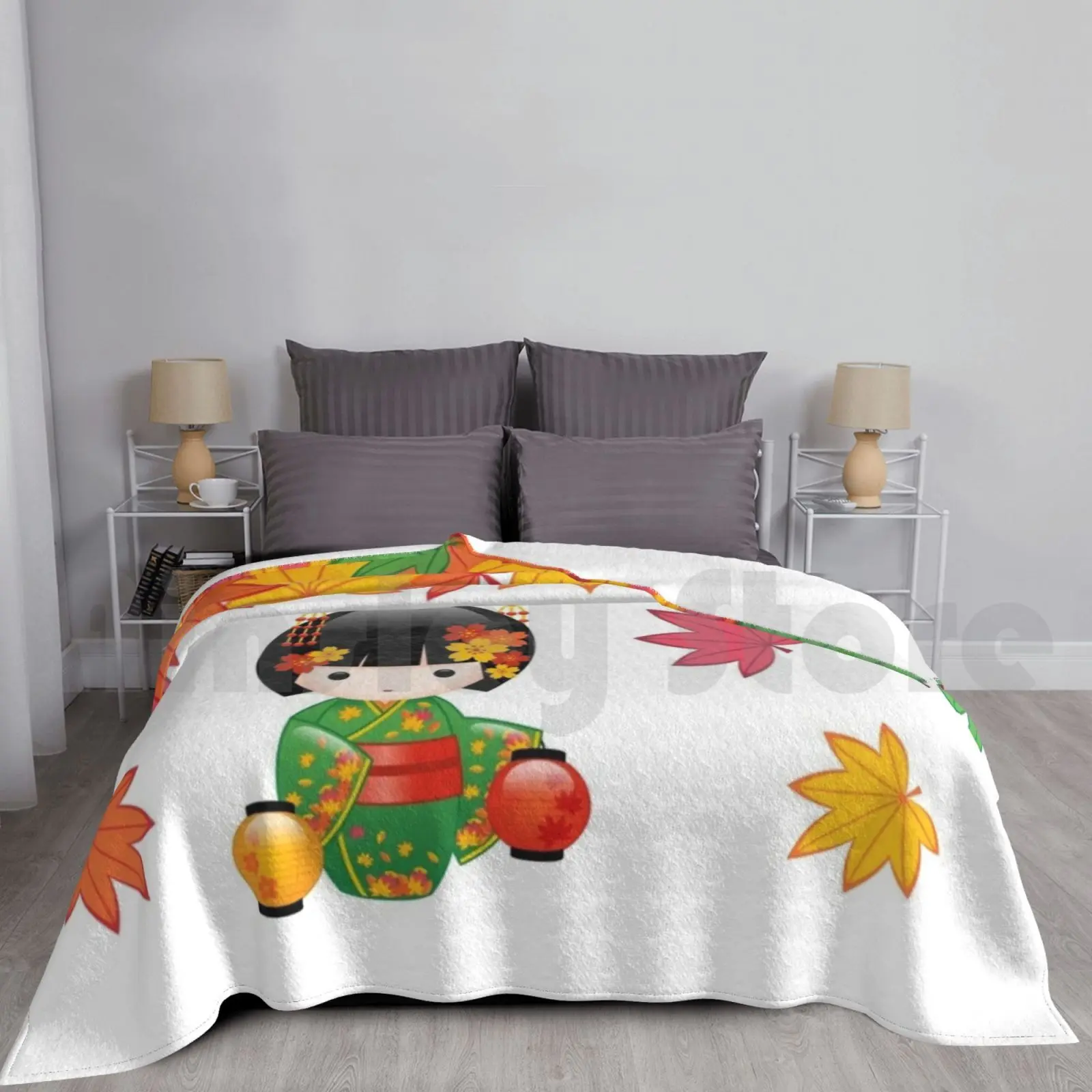 Coperta Per Bambola Kokeshi Autunno Giapponese Super Soft Warm Light Sottile Autunno Kokeshi Doll Carino Girly Vector Geisha Autunno Kimono