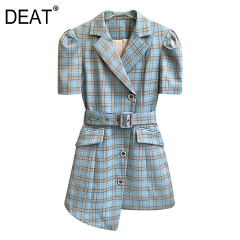 

DEAT 2020 blue paided notched asymmetrical short sleeves high waist single breasted suit dress female with belt WN42405L