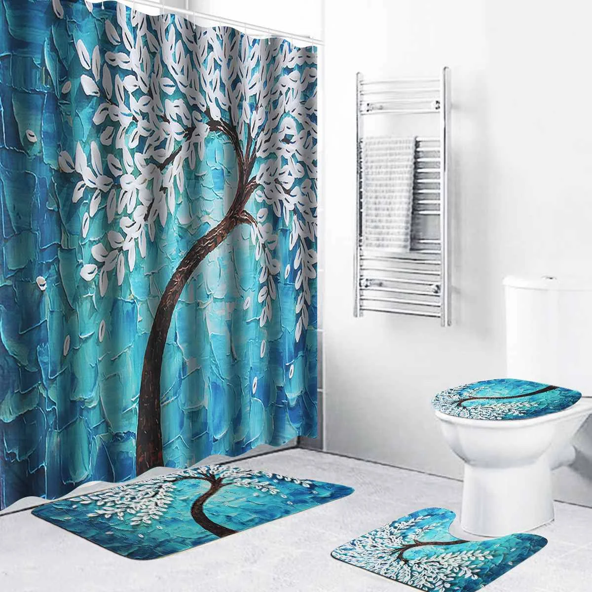 

Bathroom Waterproof Shower Curtain 180x180cm Non-slip Bath Mat Rug Toilet Cover Bath Mat Pad Polyester Bath Curtain 12 Hooks