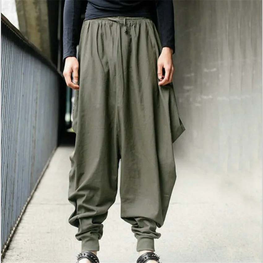 Chinese Style News Cotton Haroun Trousers Loose Casual Traditional Chinese Clothing for Men Hakama Samurai Costume Hip Hop, chinese dress, mens casual pants
