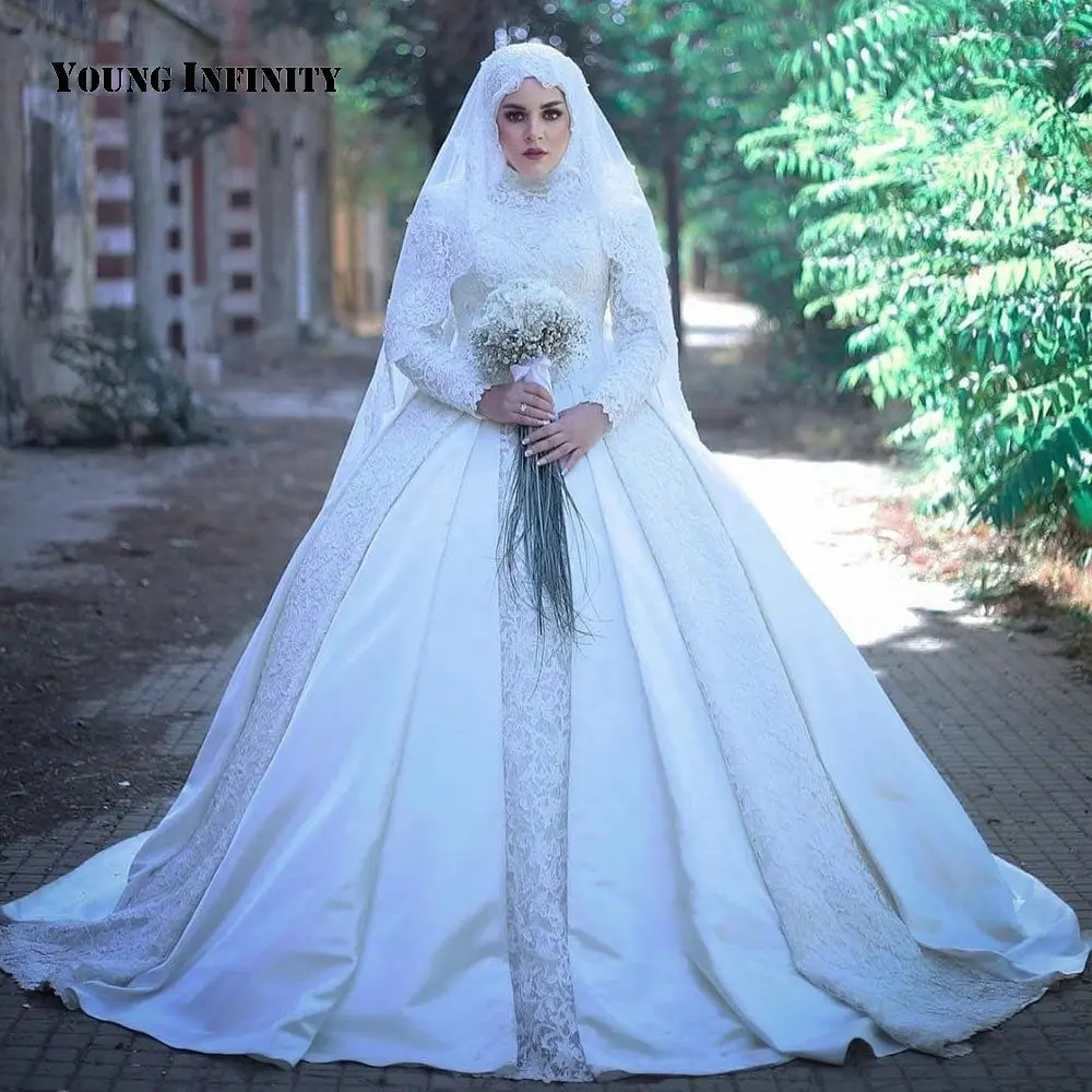 

New Arrival Muslin High Neck Wedding Dress 2020 Full Sleeve Lace Up Court Train Appliques Floor Length Ball Gown Bridal Gown