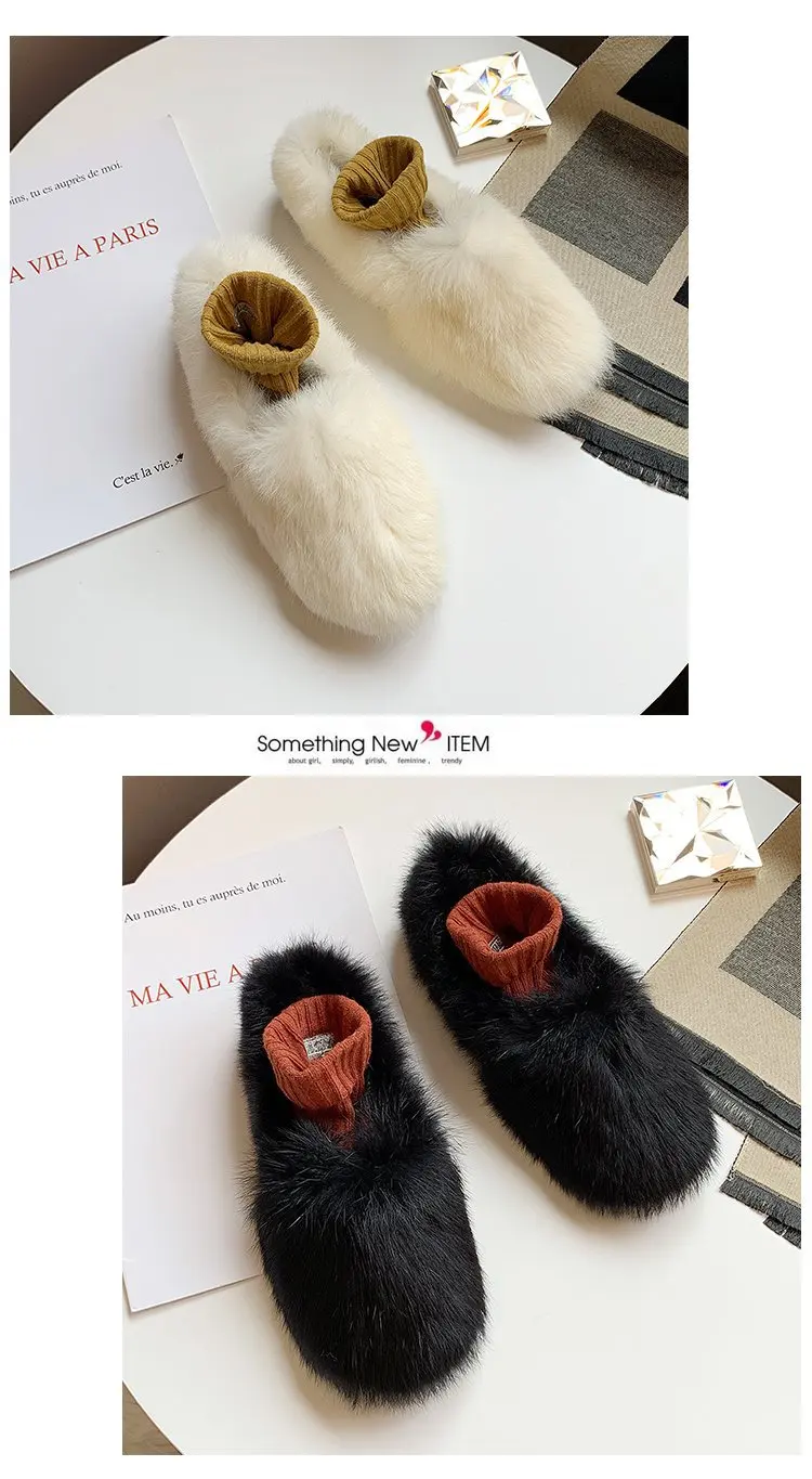 long furry rabbit hair lazy loafers comfortable soft soled casual flats winter luxury fur warm women moccasins slip on loafers