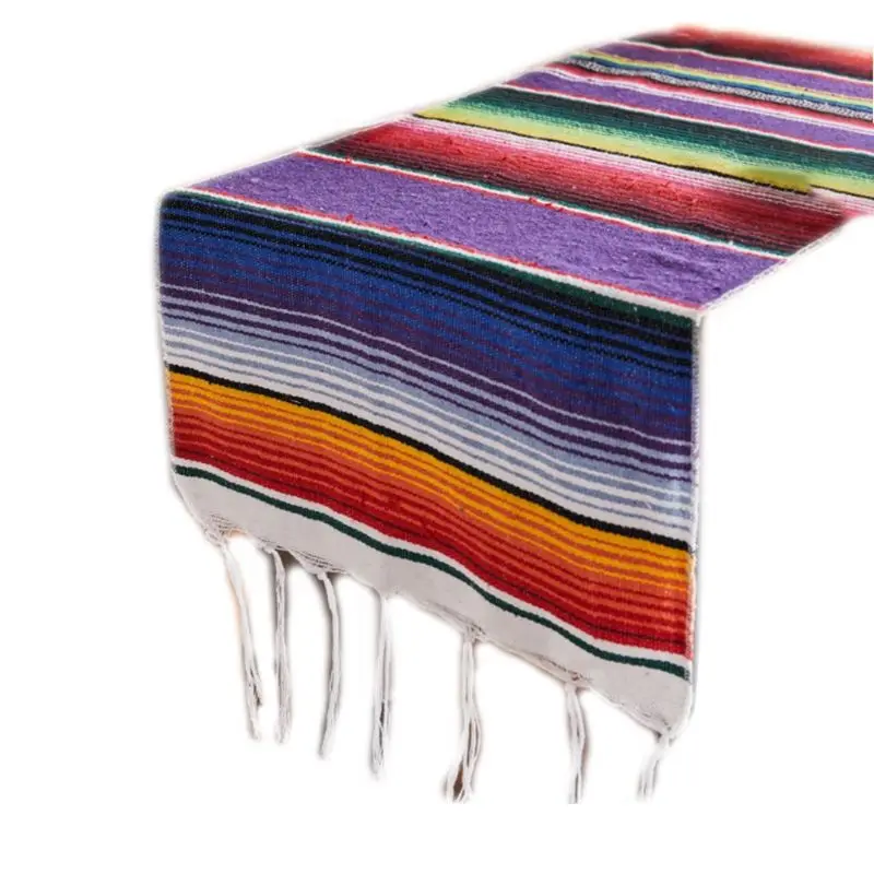 35x213cm Mexican Blanket Bright Rainbow Stripes Woven Table Runner Fringe Cotton Tablecloth Festival Party Home Table Decoratio - Цвет: Фиолетовый