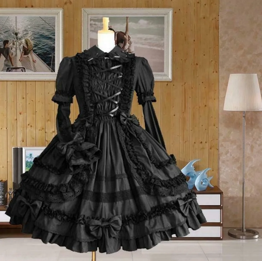 

2022 Women Long Sleeve Ruffles Layered Lace Lolita Gothic Court Cosplay Dress Custom Made New 2022