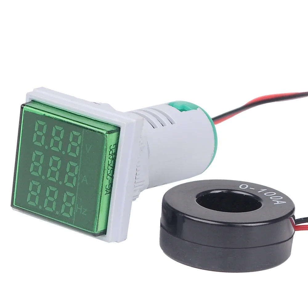 22mm Digital LED Voltage Meter 50-380V 100A Volt Amp HZ AC Ammeter Signal Lights Voltmeter Current Frequency Indicator Tester