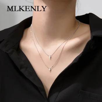 

MLKENLY 925 Sterling Silver Golden silver small fresh double cross sweet girl heart clavicle chain for women Jewelry