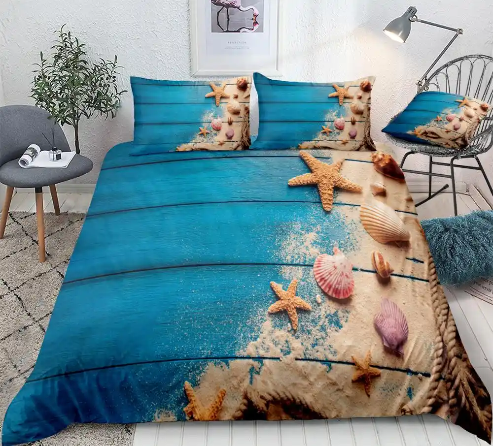 Beach Duvet Cover Set Shells Starfish Bedding Blue Wooden Quilt