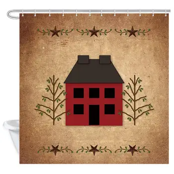

Western House Shower Curtain, Primitive House with Star Decor Polyester Fabric Bathroom Bath Curtain Liner Set with Hooks