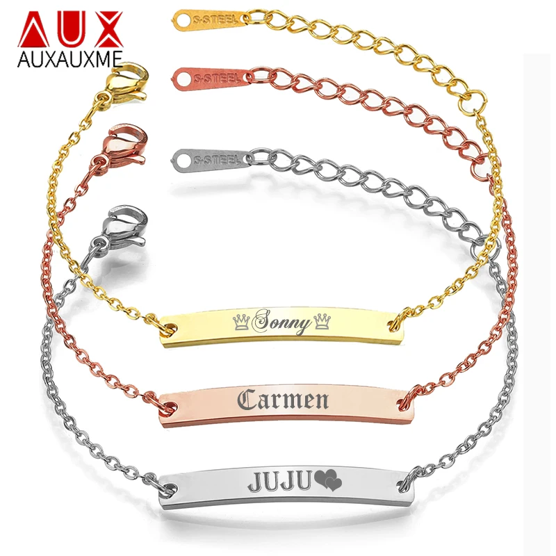 

Auxauxme Engrave Name Date ID Bracelet For Baby DIY Jewelry Stainless Steel Customized Link Chain Bracelets Kids Birthday Gift