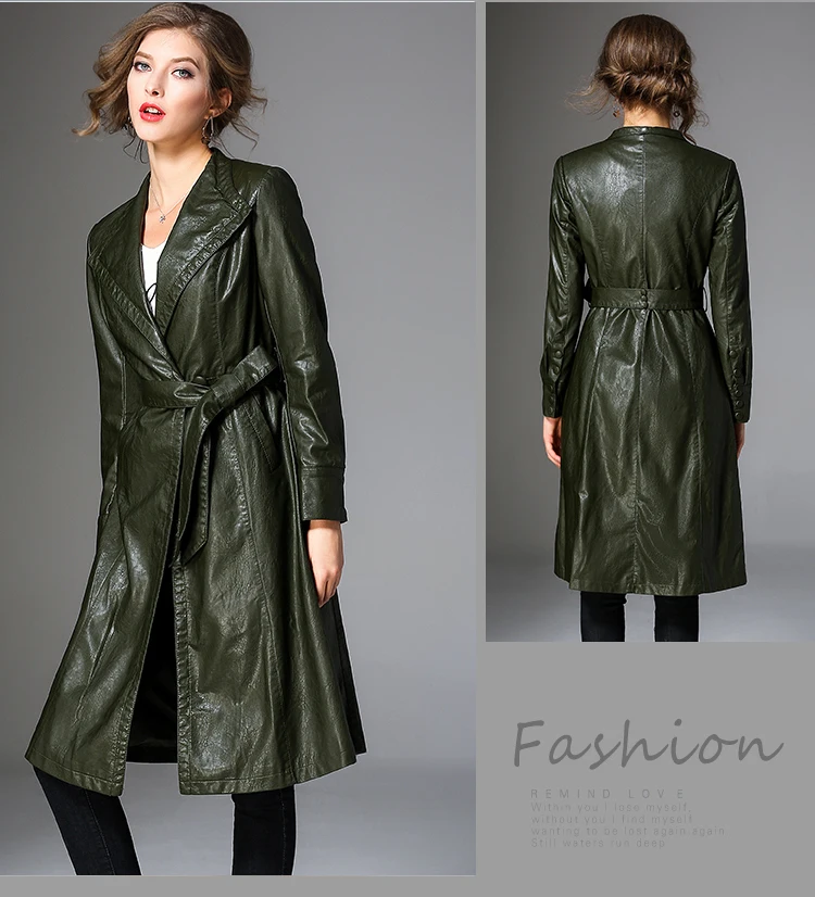 Foxmertor Brand Fashion Women Pu Leathers Trench Coat Female Overcoat Autumn Long Sleeve Belt Long Coat Ladies Windbreaker Black
