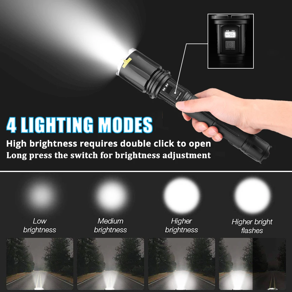 Super Bright LED Flashlight with MTG2 Powerful Lamp Bead Tactical Torch USB Input&Output Function Waterproof Zoom Hunting Light