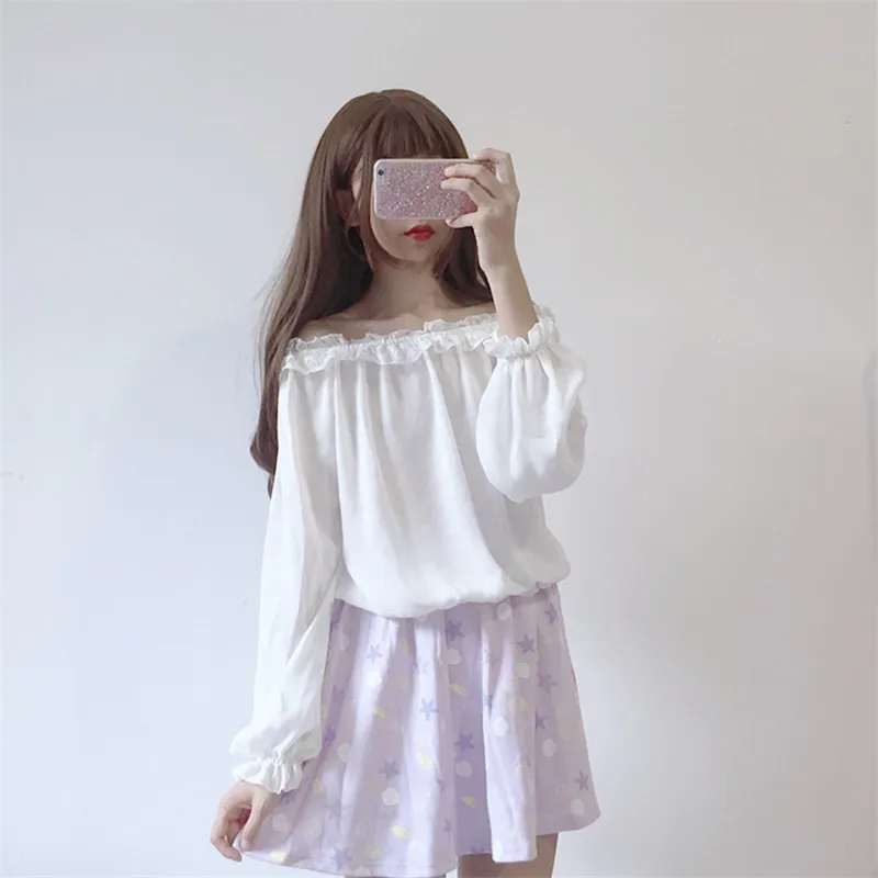

2020 New Spring Slash Neck Ruffles Female t-shirt Lantern Sleeve Cute Kawaii Tops Japanese Lolita Style Women White Black tee