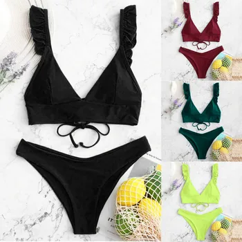 

2020 New Women Split Underwear Set High Cut V Neck Bathing Suit Padded Ruffle Straps Female Intimates For Bathers Traje de baño