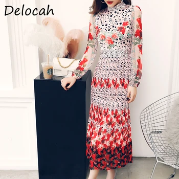 

Delocah Women Fashion Autumn Designer Midi Dress Lantern Sleeve Elegant Bodycon Fit Floral Print Ladies Party Pleated Dresses