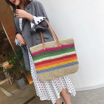 

New Straw Bag Women Hand-Woven Hand bags Shoulder Shopping Bag Big Capacity Drawstring Rainbow Handbag Casual Travel Beach Bag