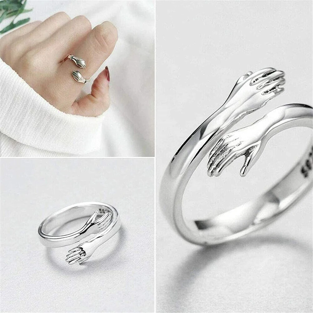 925 Silver Heart Love Hug Hands One Size Adjustable Ring Jewelry 