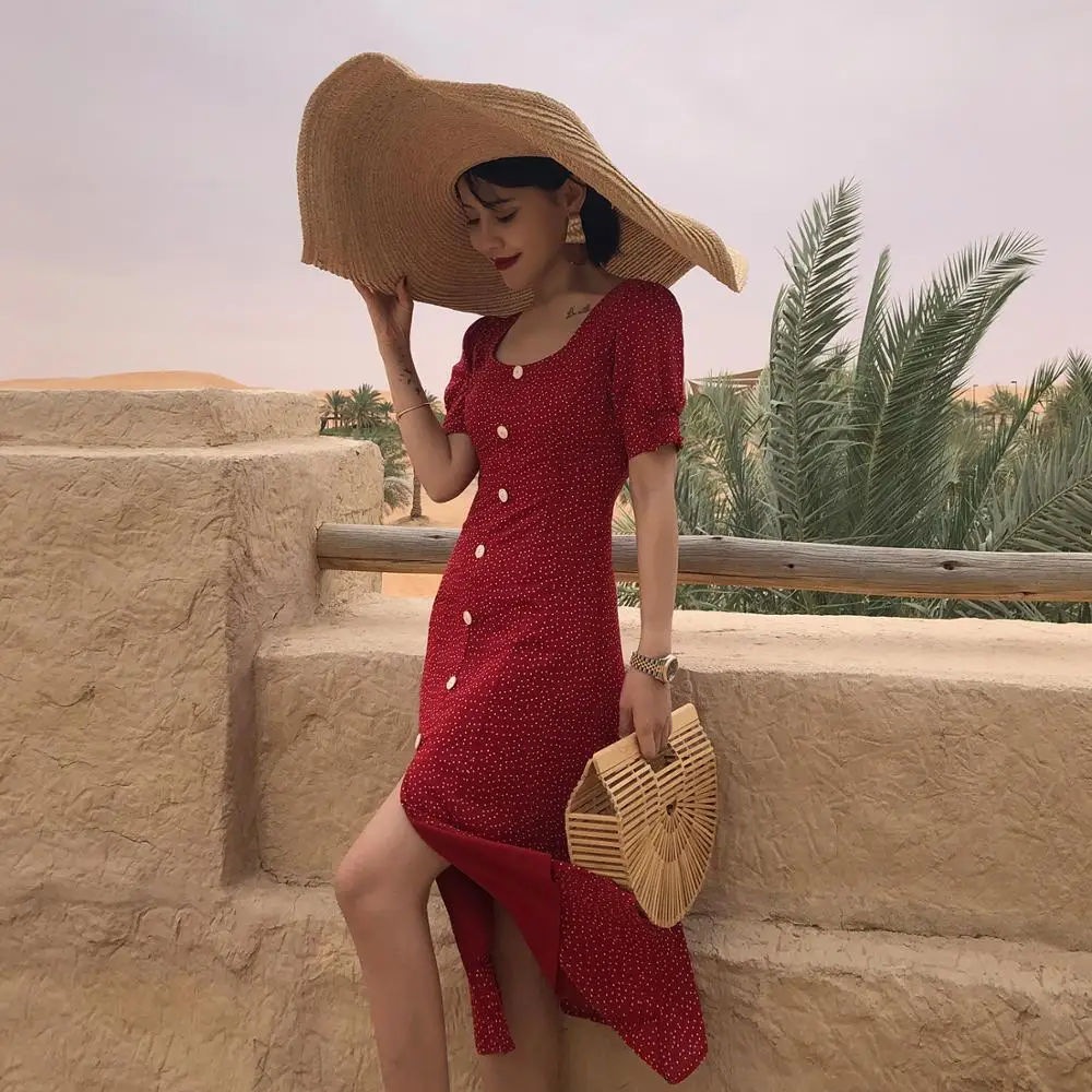 Flectit Vintage 80s Dress French Style Polka Dot Button Up Midi Dress Short Puff Sleeve High Waisted Retro Holiday Dress Women