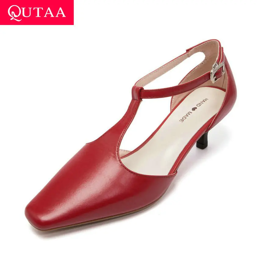 

QUTAA 2020 Cow Leather Women Sandals Pointed Toe T-strap Buckle Shoes Thin Heel Retro Square Toe Summer Women Pumps Size 34-39