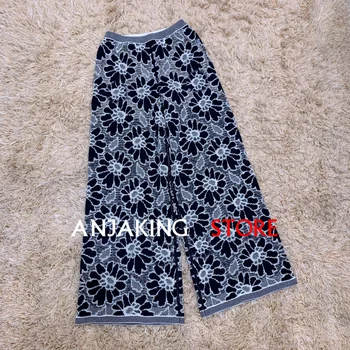 

Knitted hollow jacquard pants casual elastic waist wide leg straight pants casual high-end women's wool knitted blend pants
