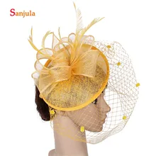 Fanscinators для свадьбы перья льняные шляпы для женщин Королевский синий цвет для вечеринок головные уборы Свадебные шляпы с лицевая вуаль H375