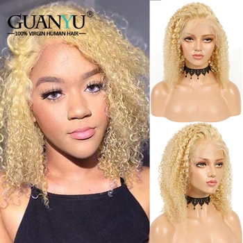 

Curly Blonde Human Hair Wig 13x4 Pre Plucked Brazilian Remy 613 Short Bob Lace Front Wig for Women Natural Wave