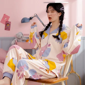 

Autumn Pajamas Cute Pink Print Silk Women Sexy Cardigan Turn-down Collar Nightwear Long Sleeve Autumn Sleepwear Suits