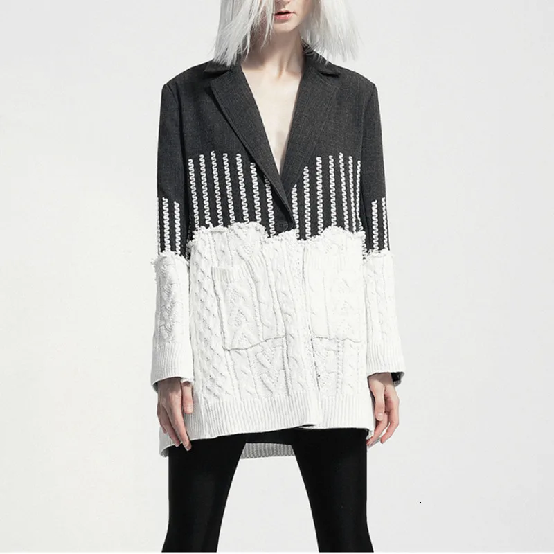 

SexeMara 2019 Autumn New Full Sleeve Notched Collar Color Patchwork Knitted Hem Stitching Blazer Ladies Fashion Coat CBL021
