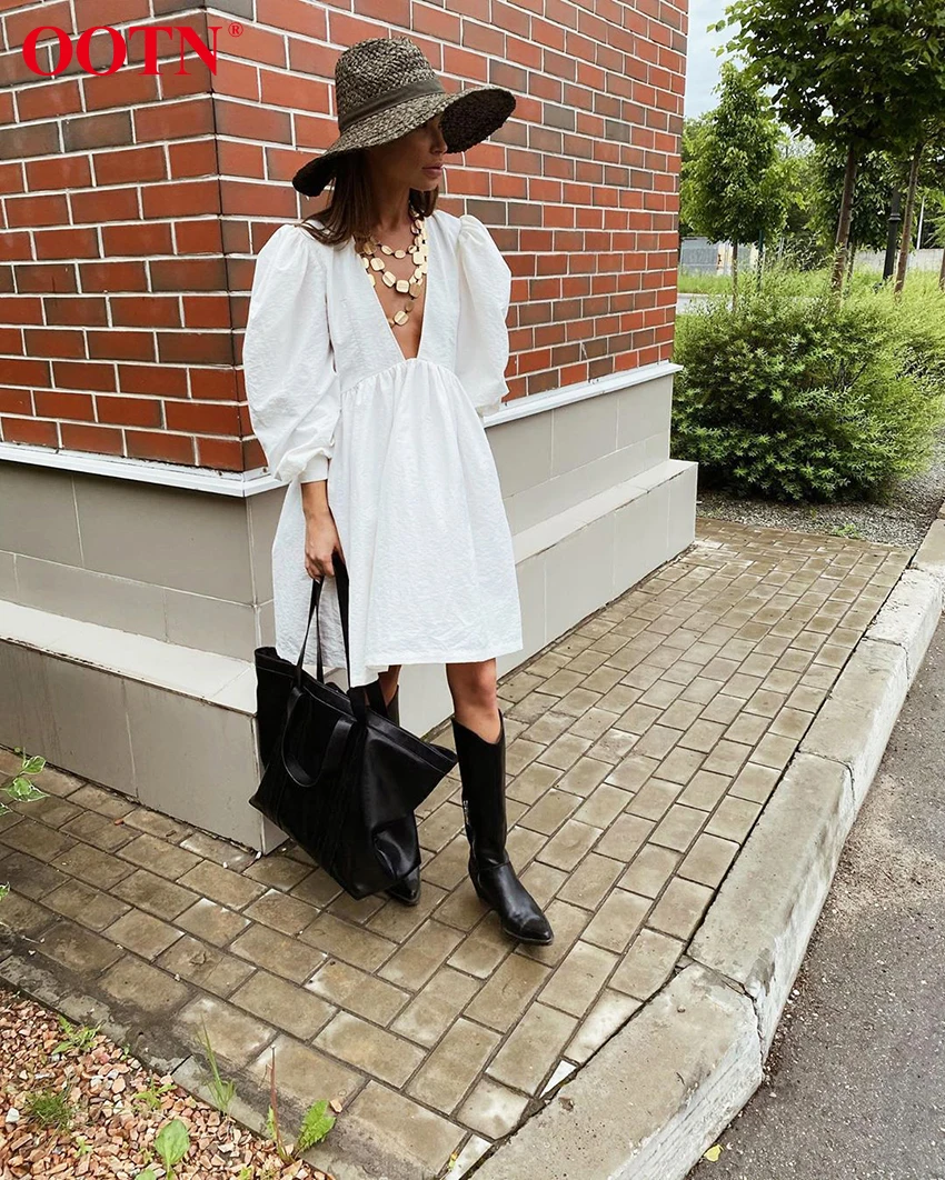 FREE SHIPPING Midi Dress Puff Long Sleeve V Neck OUT0835