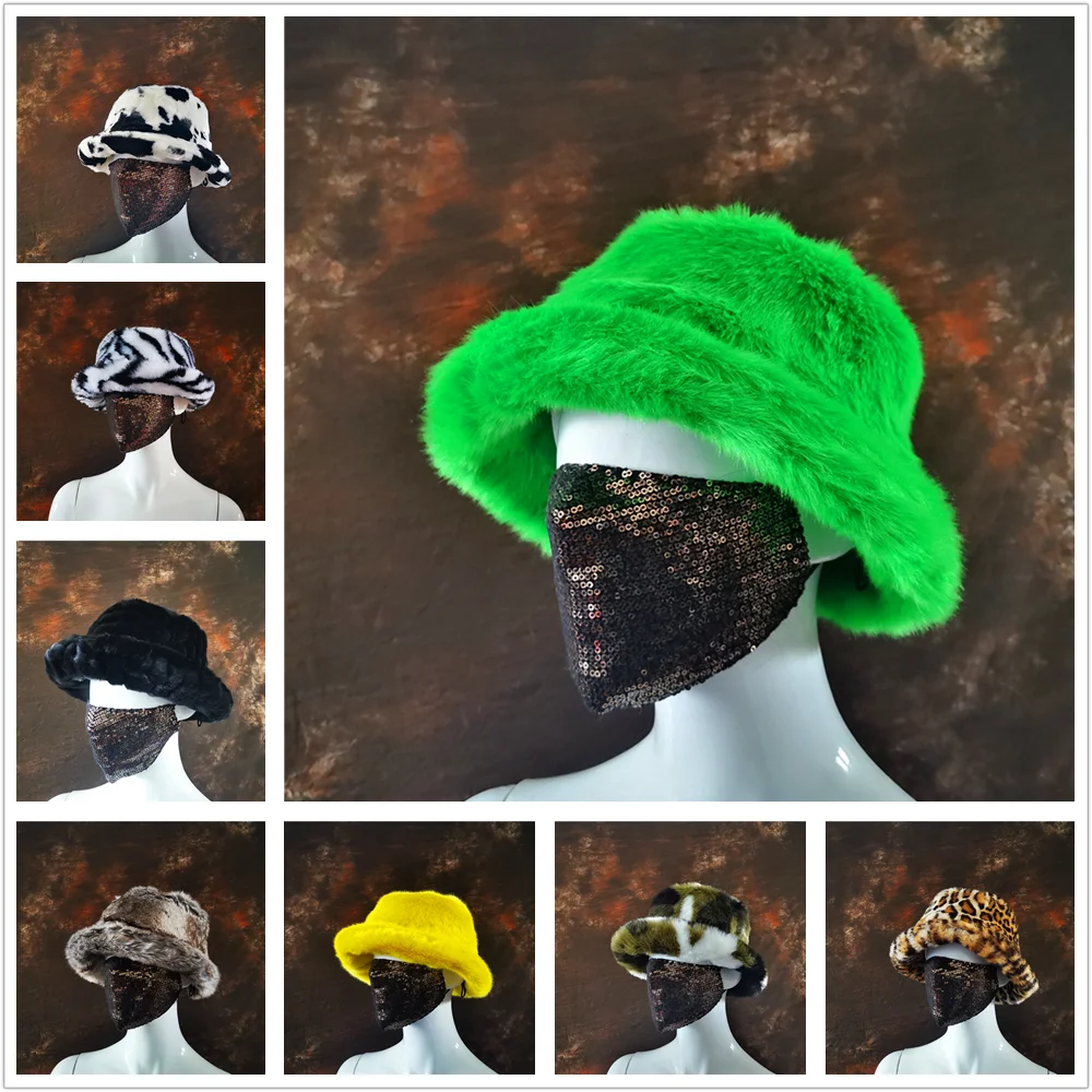 Fashion Autumn Winter Women Faux Fur Bucket Hat Fox Rabbit Solid Thickened Soft Warm Man Fishing