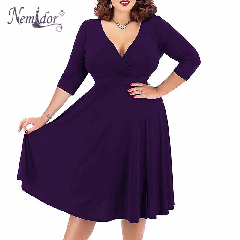 Koop Nemidor Vrouwen Sexy V hals Korte Mouw 50s Party A lijn Jurk Vintage Stretchy Midi Plus Size 7XL 8XL 9XL Cocktail swing Jurk