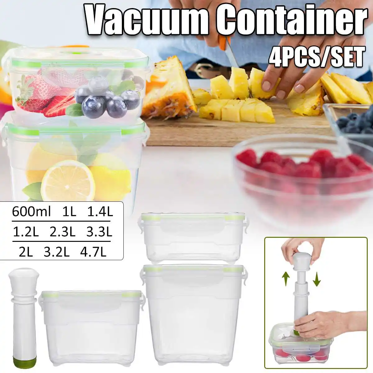 

4Pcs Vacuum Containers Fresh Can Damp Proof Tea Pot Food Container Seal Pot Vacuum Sealer Pots with Pump For Seal Foods