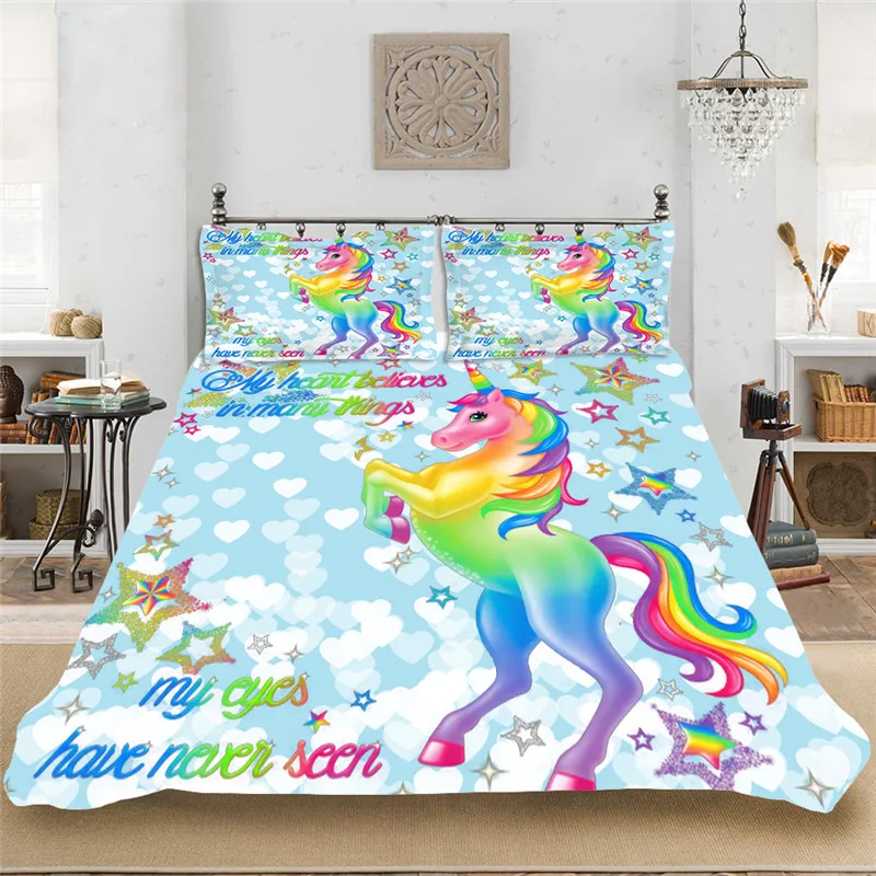

Rainbow Unicorn Fashion Children Full Size Bedding set Bedclothes Include Duvet Cover Pillowcase Print Home Textile Bed Linens