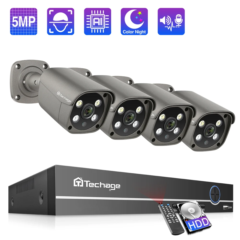 Techage 4CH 5MP POE NVR IP Camera System AI Human Detected Two-way Audio Outdoor Security Camera Set CCTV Video Surveillance Kit