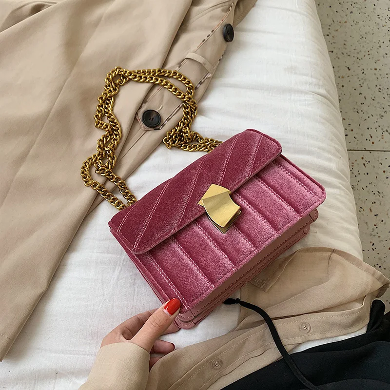 Luxury women clutch bag high quality velvet chain female designer shoulder Messenger bag evening package party small square bags - Цвет: Розовый