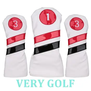 

3pcs Golf Club Driver Fairway Wood Head Cover White PU Leather with Red and Black Slash Headcover For Driver Fairway Wood