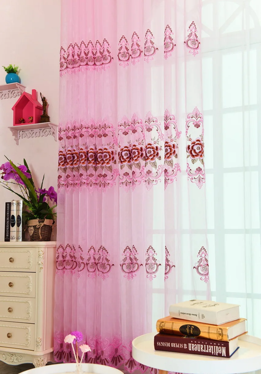 Ready Made Curtain Simple European Flower Embroidery Tulle for Living Room Pink Wedding Home Decor Screens For Bedroom M138#4