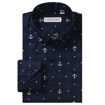 

Men's Stylish Anchor Nautical Print Long Sleeve Shirt Comfortable Cotton Casual Slim-fit Check Pattern Button Down Shirts