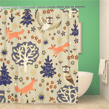 

Bathroom Shower Curtain Summer Forest Animals Pattern Owls Foxes Birds Trees Polyester Fabric 72x72 inches Waterproof Bath