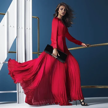 

Spring Runway Designer Dress Women High Quality Elegant V-neck Long Sleeve Appliques Pleated Long Party Dress