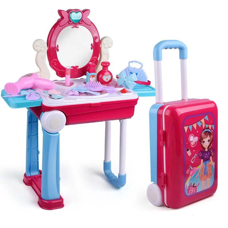 LazyChild Girls Make Up Luggage Kids Dress Up Cosmetic Playset Dresser Table Suit Comb Ring Lipstick Perfume Toys Handcase