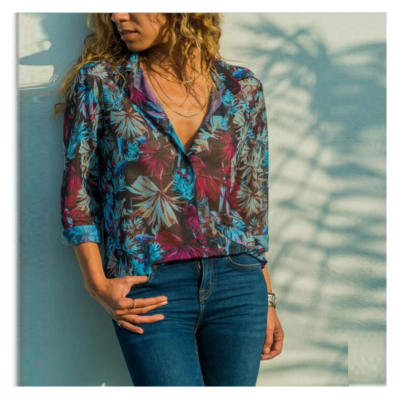 

New Fashion Color Printing Long Sleeved Loose Blouse Retro Senior Vacation Style Comfortable Blouse Spring And Summer Hot